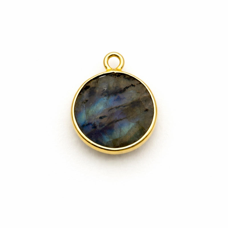 Labradorite Round Coin Bezel Charm 24K Gold Plated Single Loop, Faceted Blue Flash Circle Stone, 925 Sterling Silver, Disc Pendant