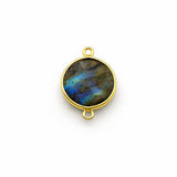 Labradorite Round Coin Bezel Connector 24K Gold Plated Double Loop, Natural Blue Flash Disc, 925 Silver, Circle Jewelry Supply