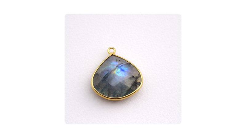 Labradorite Heart Bezel Charm 24K Gold Plated Single Loop, Faceted Blue Flash Stone, 925 Sterling Silver Base, DIY Jewelry Making Supply