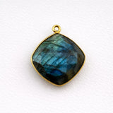 Labradorite Cushion Bezel Charm 24K Gold Plated Single Loop, Faceted Blue Flash Pillow Stone, 925 Sterling Silver, Pendant Supply