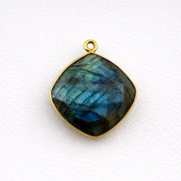 Labradorite Cushion Bezel Charm | Pillow Cut Blue Flash | 925 Silver Gold Plated Connector Supply