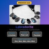 Labradorite faceted pear beads arranged by carat weight 21 carat, 36 carat, 38 carat, 45 carat, 80 carat, grey with labradorescent fire tone, size comparison showing graduated bead sizes, close-up detail of cut quality and drill holes