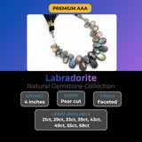 Labradorite faceted pear beads arranged by carat weight 21 carat, 29 carat, 33 carat, 39 carat, 43 carat, 49 carat, 55 carat, 68 carat, grey with labradorescent fire tone, size comparison showing graduated bead sizes, close-up detail of cut quality and drill holes