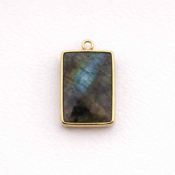 Labradorite Rectangle Bezel Charm Gold Silver Plated Single Double Loop, 925 Sterling Silver, Blue Flash Baguette Bar Connector
