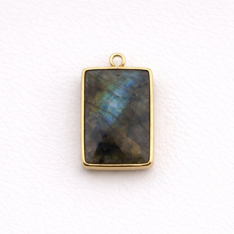 Labradorite Rectangle Bezel Charm Gold Silver Plated Single Double Loop, 925 Sterling Silver, Blue Flash Baguette Bar Connector