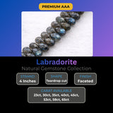 Labradorite faceted pear beads arranged by carat weight 23 carat, 30 carat, 35 carat, 40 carat, 45 carat, 53 carat, grey with labradorescent fire tone, size comparison showing graduated bead sizes, close-up detail of cut quality and drill holes