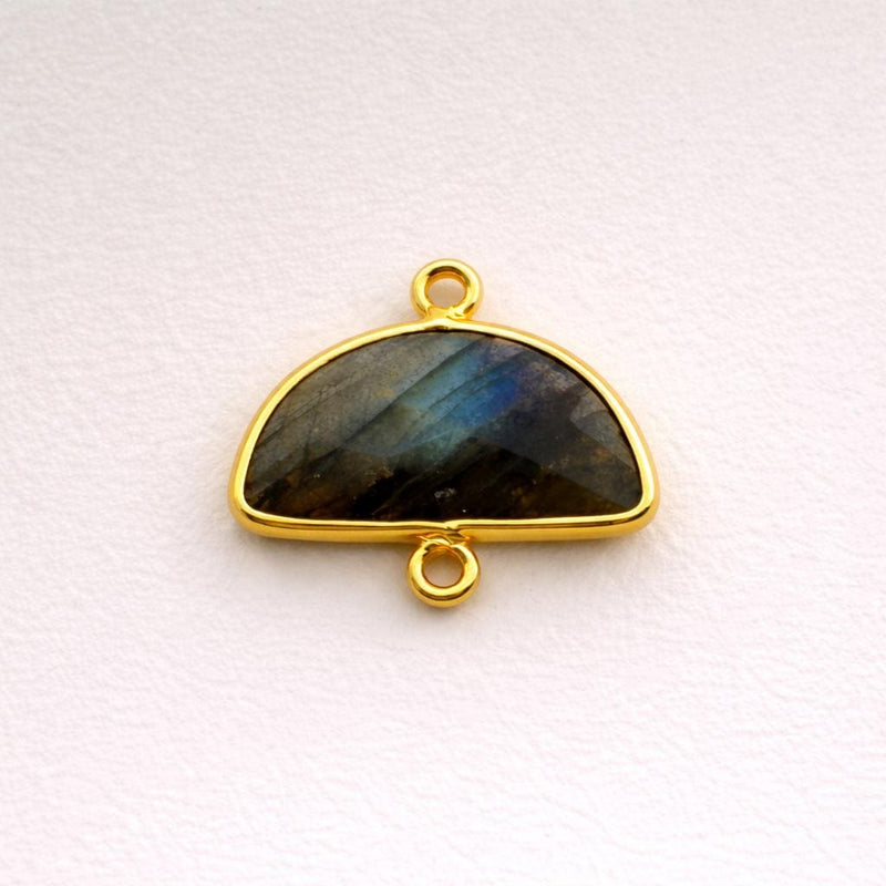 Labradorite Crescent Moon Bezel Charm Gold Silver Plated Double Loop, 925 Sterling Silver, Blue Flash Half Moon Connector