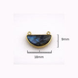 Labradorite Crescent Moon Bezel Connector 24K Gold Plated Double Loop, Natural Blue Flash Lunar, 925 Silver, Boho Jewelry Supply