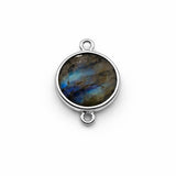 Labradorite Round Coin Bezel Connector 925 Sterling Silver Double Loop, Natural Blue Flash Circle Faceted, Wholesale Disc Component