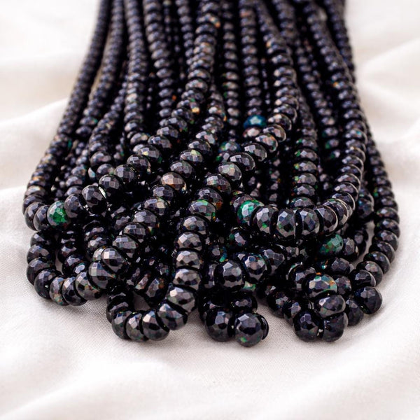Ethiopian black opal faceted rondelle beads, AAA natural Welo black opal strand, bulk gemstone lot