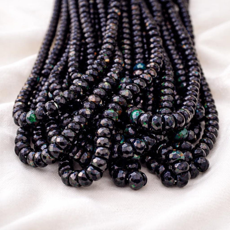 Ethiopian black opal faceted rondelle beads, AAA natural Welo black opal strand, bulk gemstone lot