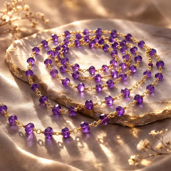 Amethyst Rosary Chain - 24K Gold Plated Beaded Gemstone, 6mm