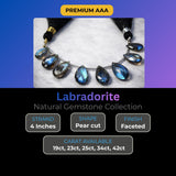 Labradorite faceted pear beads arranged by carat weight 19 carat, 23 carat, 25 carat, 34 carat, 42 carat, grey with labradorescent fire tone, size comparison showing graduated bead sizes, close-up detail of cut quality and drill holes