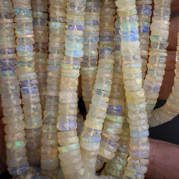Ethiopian White Opal wheel bead strand 16 inch natural fire opal faceted coin disc beads statement necklace jewelry making supply