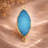 Blue druzy marquise connector gold bezel two-loop charm, sparkling crystal pendant for necklace making