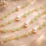 Green Chalcedony Rosary Chain with Freshwater Pearls, 24K Gold Plated