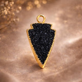 Black Druzy Triangle Pendant close-up showing sparkling 
druzy crystal texture with 24K Gold Electroplated frame — 
Handmade Statement Necklace Gift for Her