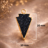 Black Druzy Arrowhead Pendant size chart showing 10mm x 20mm 
dimensions — 24K Gold Electroplated Gothic Jewelry Pendant 
Necklace larger size variant